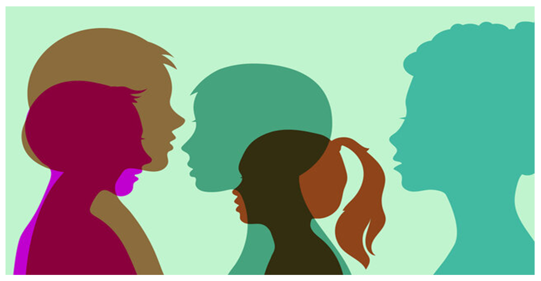 Overlay of colored shadows outlining various facial profiles.